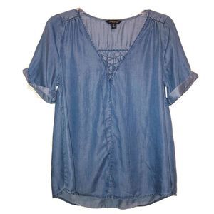 Lucky Brand Lyocell Chambray Laced Neck Short Sleeve Top Small
